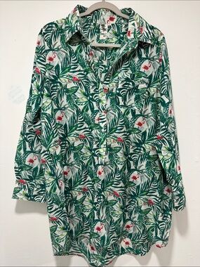 Tropical Leaf & Flamingo Button-Up Cover Up- Green/White/Pink 256